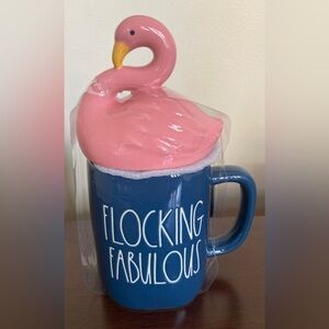 Rae Dunn Artisan Collection Blue mug with Flamingo top.